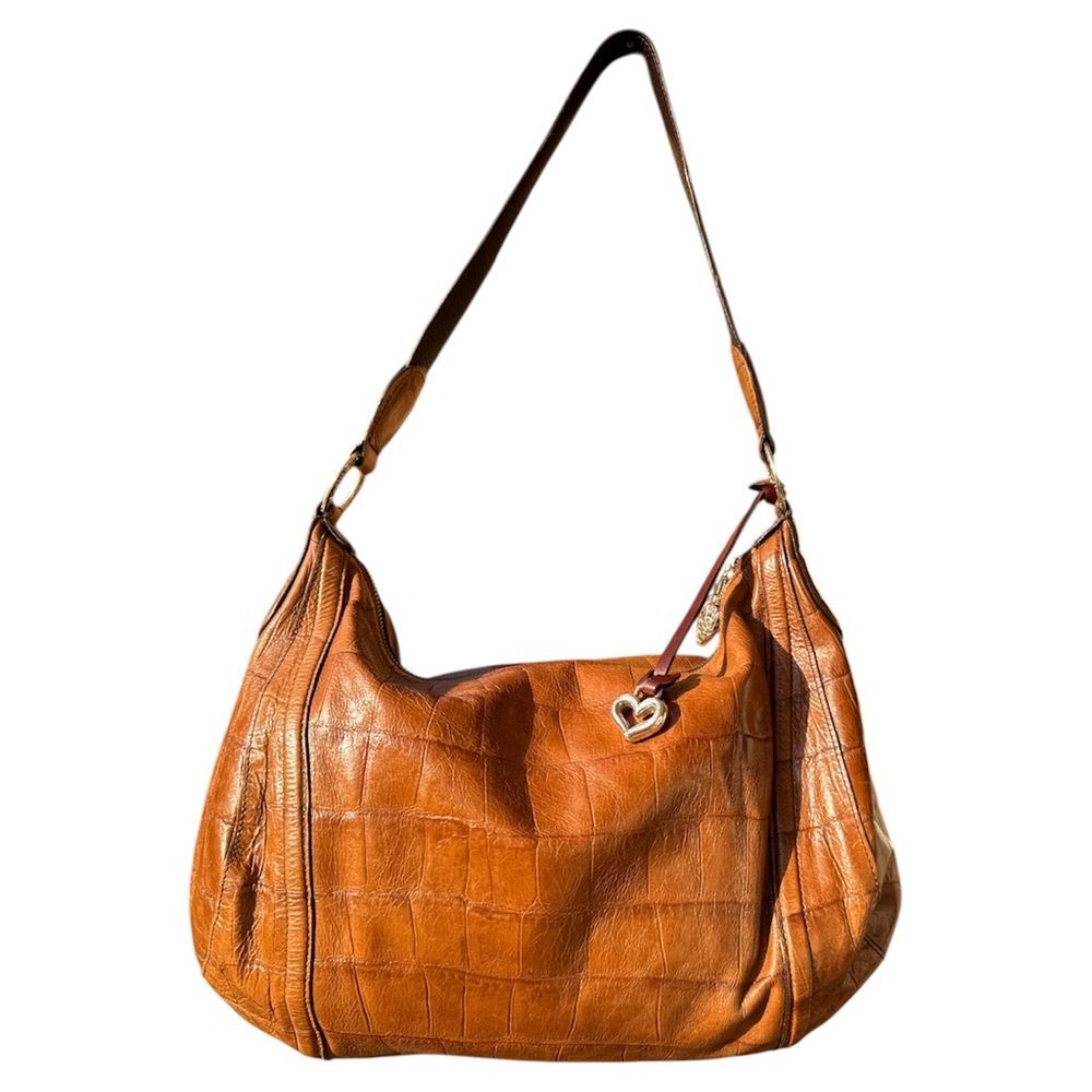 Brighton Brown Croc Embossed Leather Hobo Shoulder Bag Heart Charm Handbag
